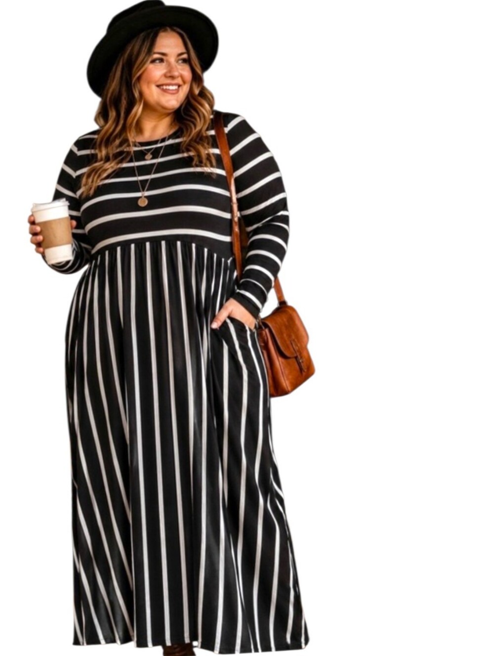 WNEEDU Black/White Striped Jersey Knit Long Sleeve Maxi Dress Pckts Plus Size 2X